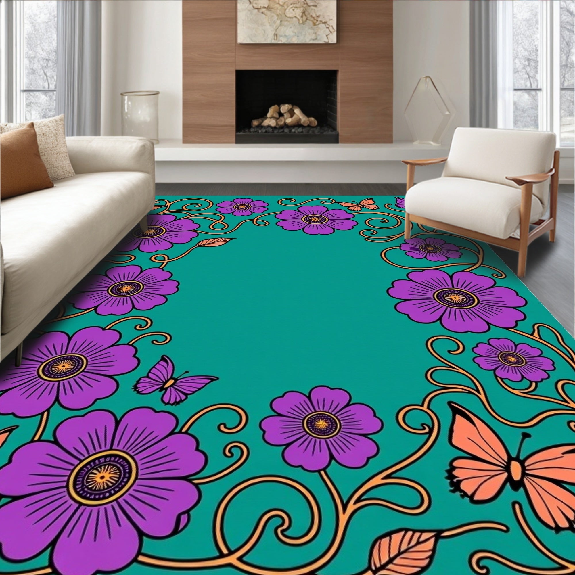 Vibrant Purple Floral Butterfly Border Rug