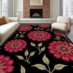 Deep Red Floral Black Background Accent Rug