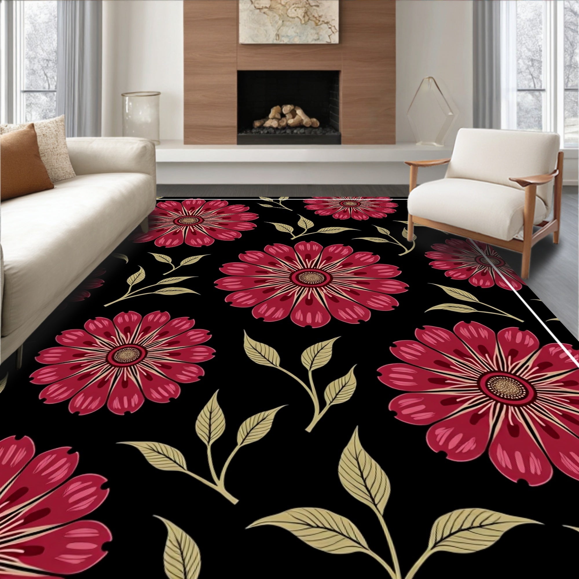 Deep Red Floral Black Background Accent Rug