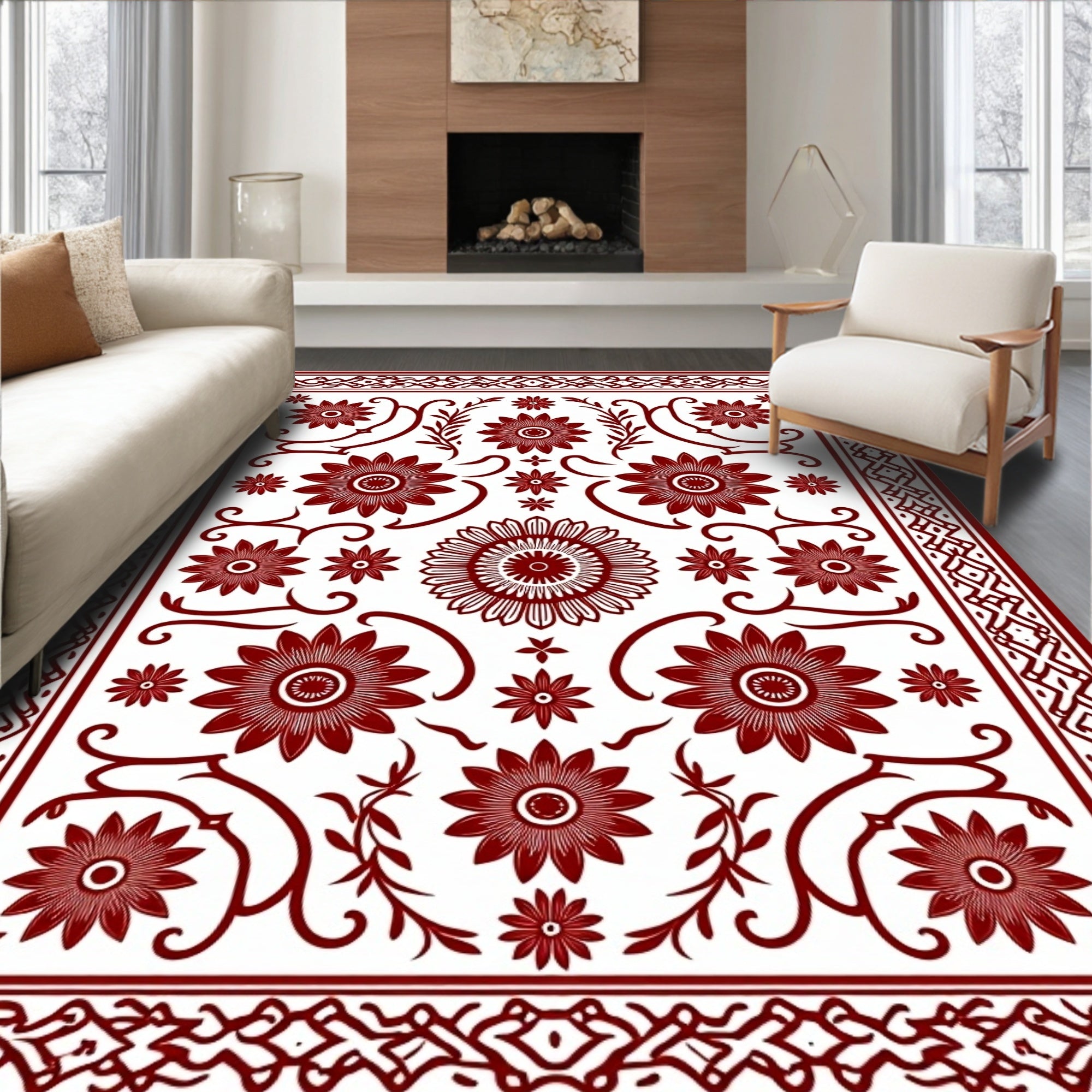 Deep Red Bloom Field Arrangement Rug