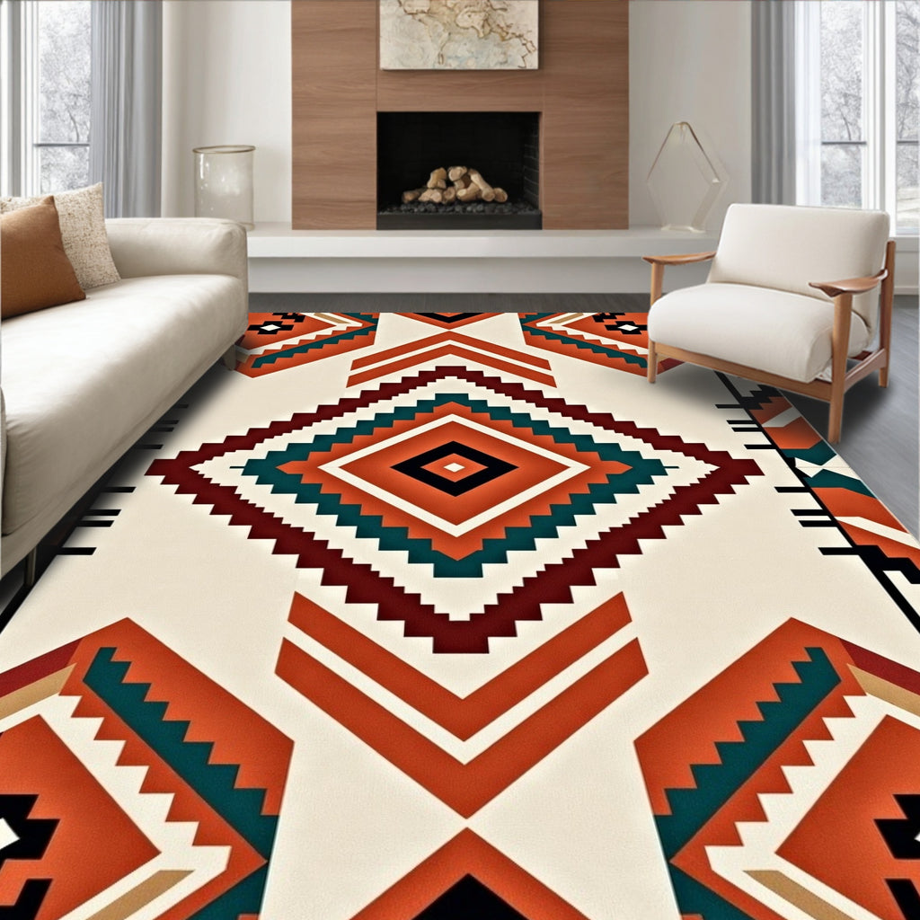 Terracotta Teal Geometric Diamond Tribal Rug