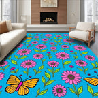 Whimsical Pink Flower Butterfly Garden Rug