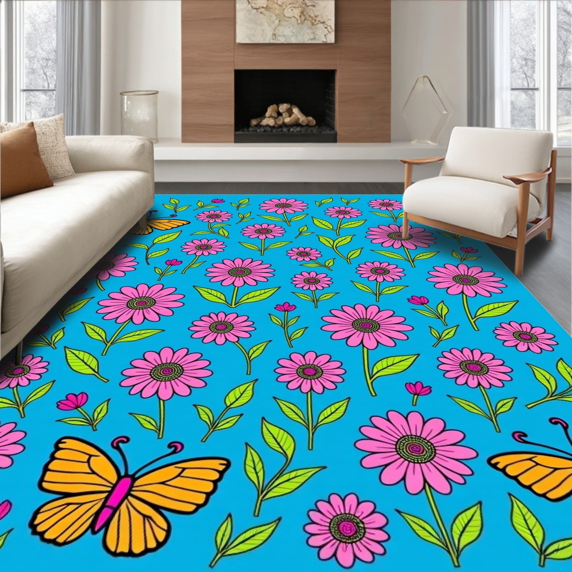 Whimsical Pink Flower Butterfly Garden Rug