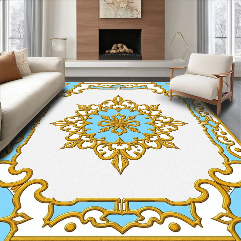 Ornate Gold Blue Medallion Frame Rug