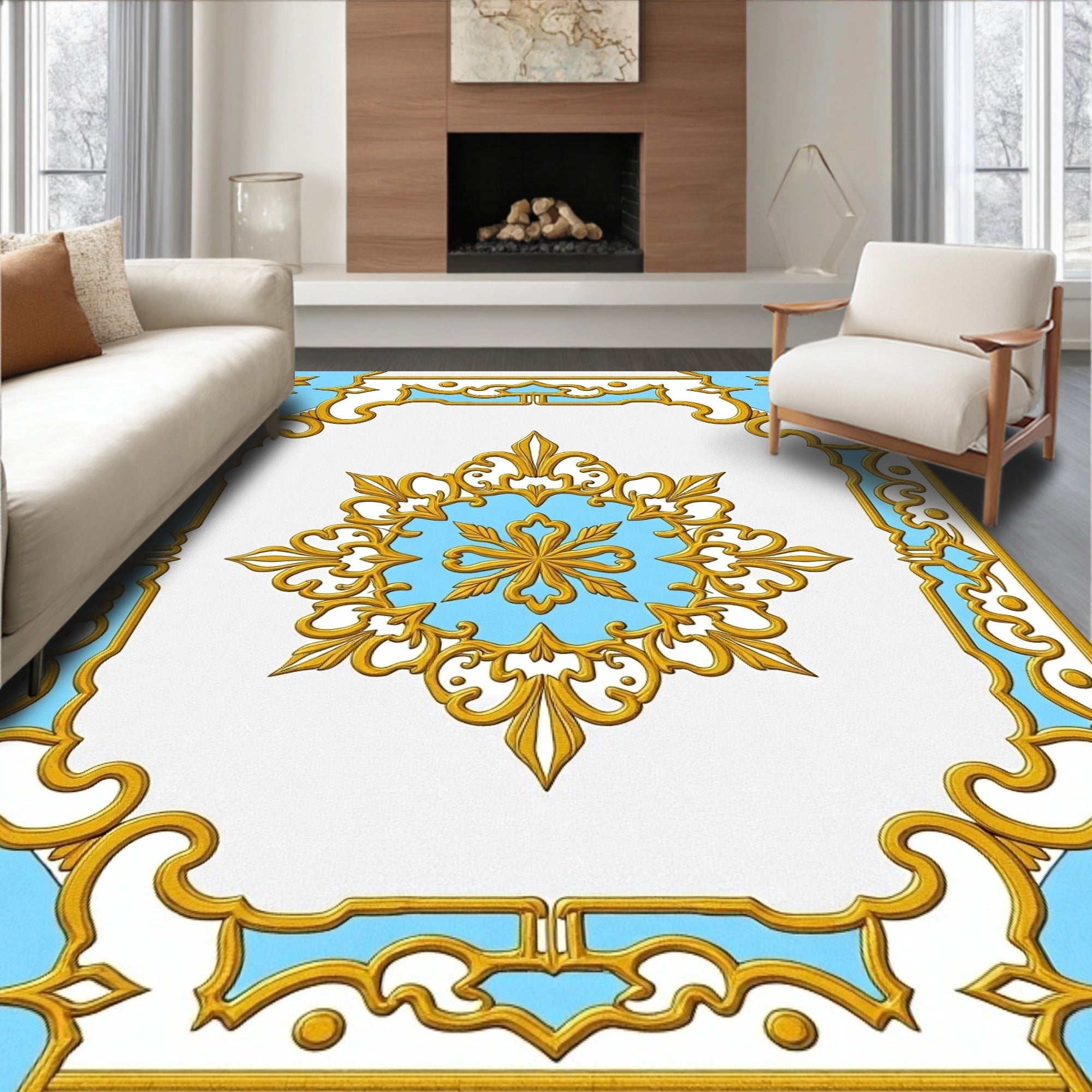 Ornate Gold Blue Medallion Frame Rug