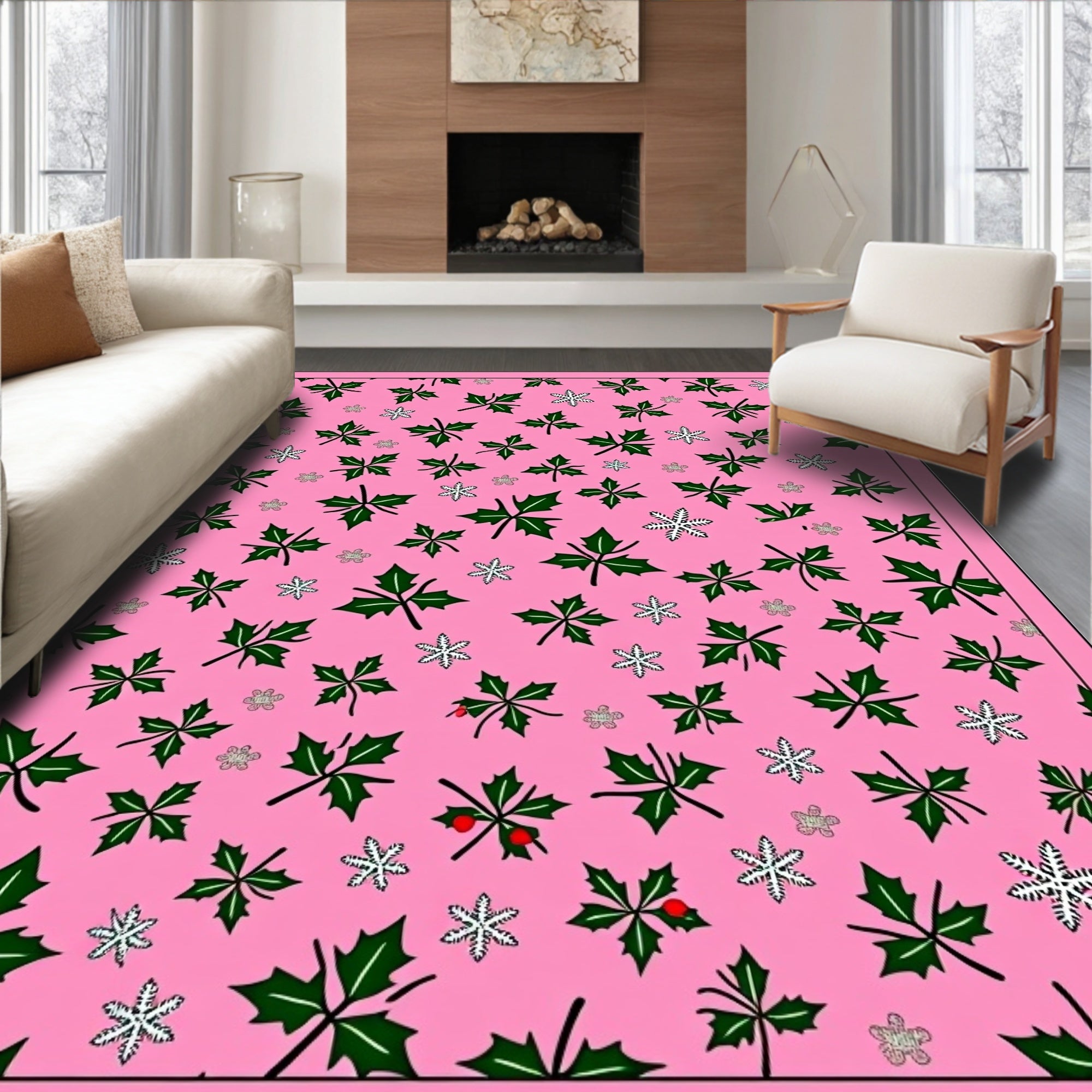 Pink Holly Leaf Snowflake Scatter Rug
