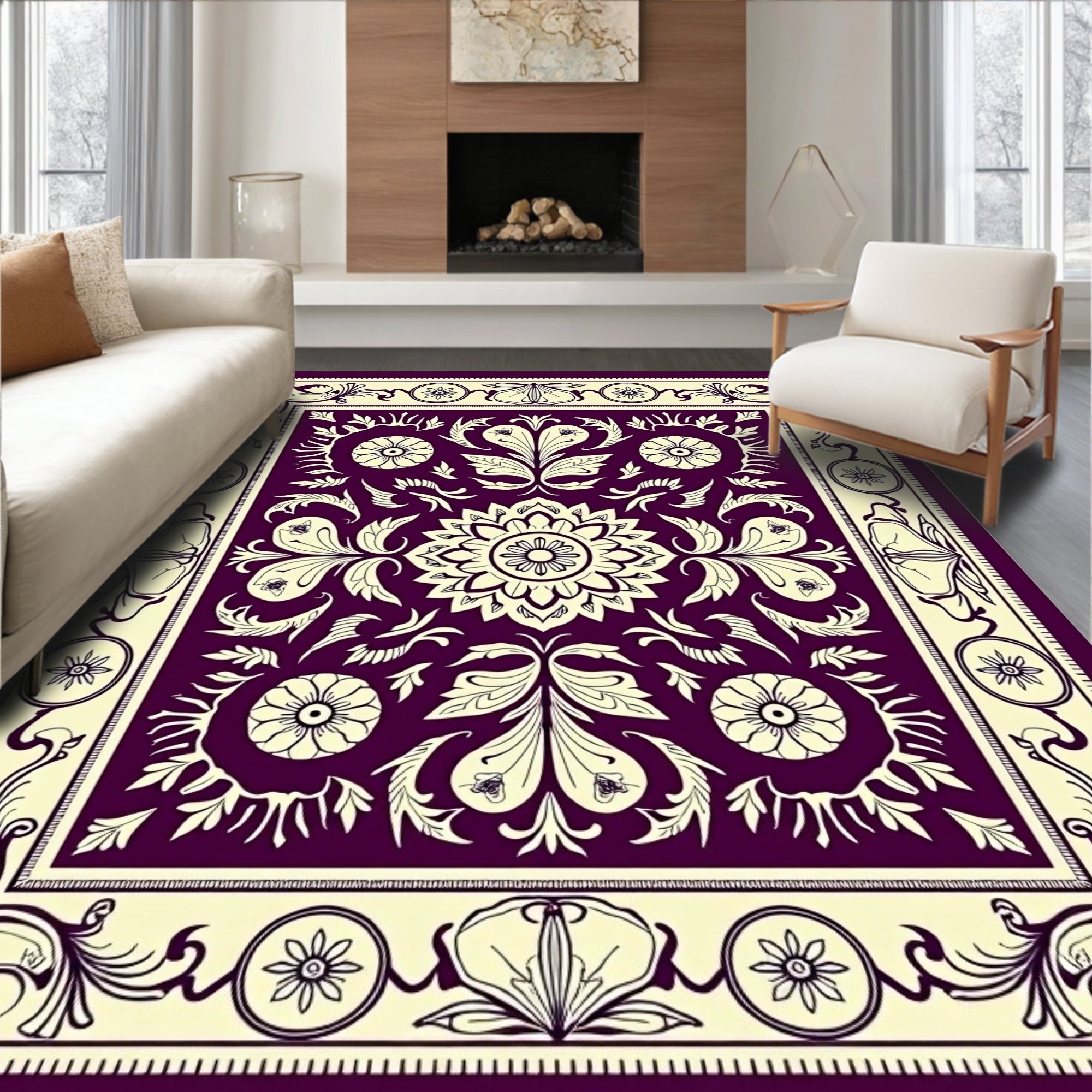 Rich Plum Floral Medallion Border Rug