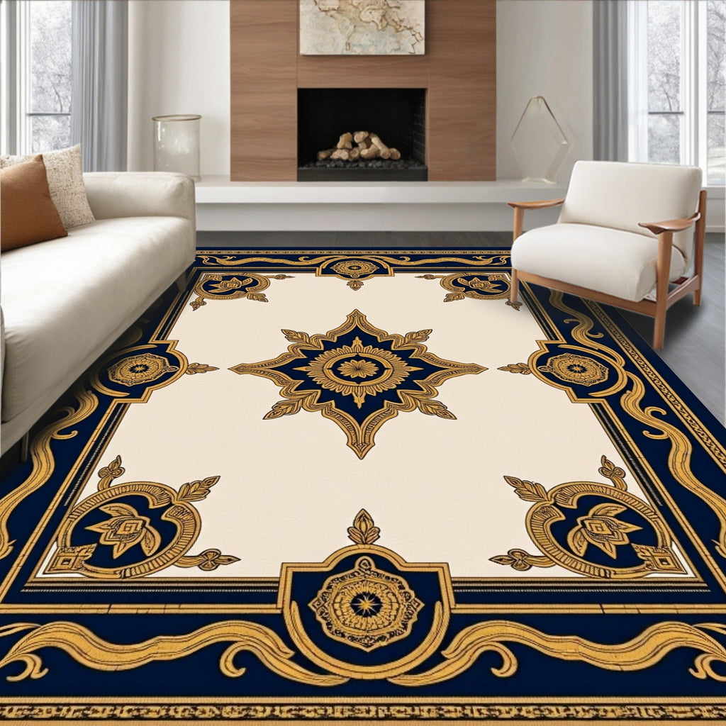 Navy Gold Ornate Medallion Scroll Rug