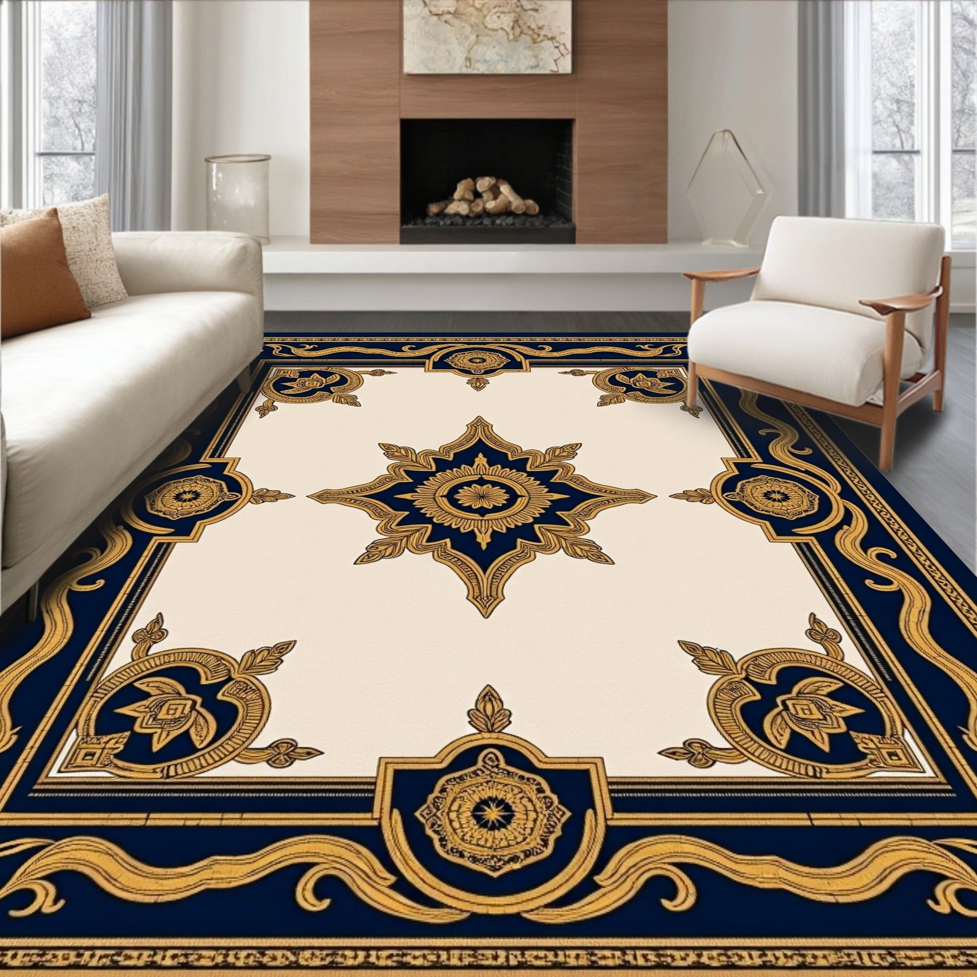 Navy Gold Ornate Medallion Scroll Rug