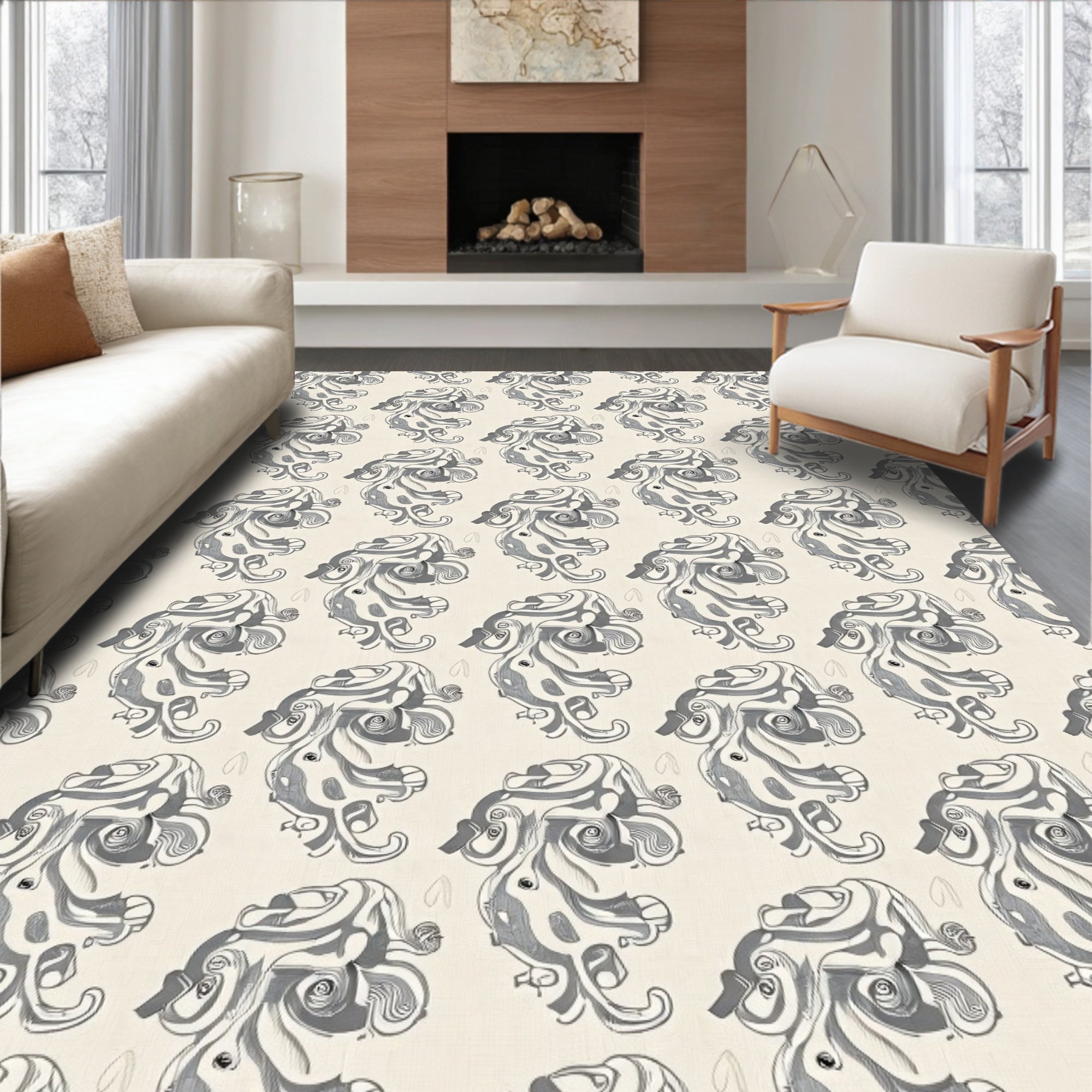 Monochromatic Sketchy Octopus Repeating Arrangement Rug