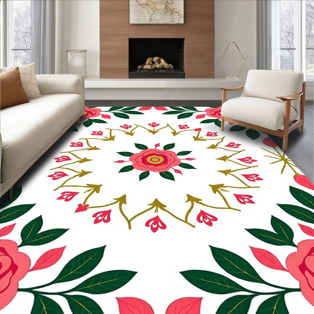 Coral and green floral mandala Rug