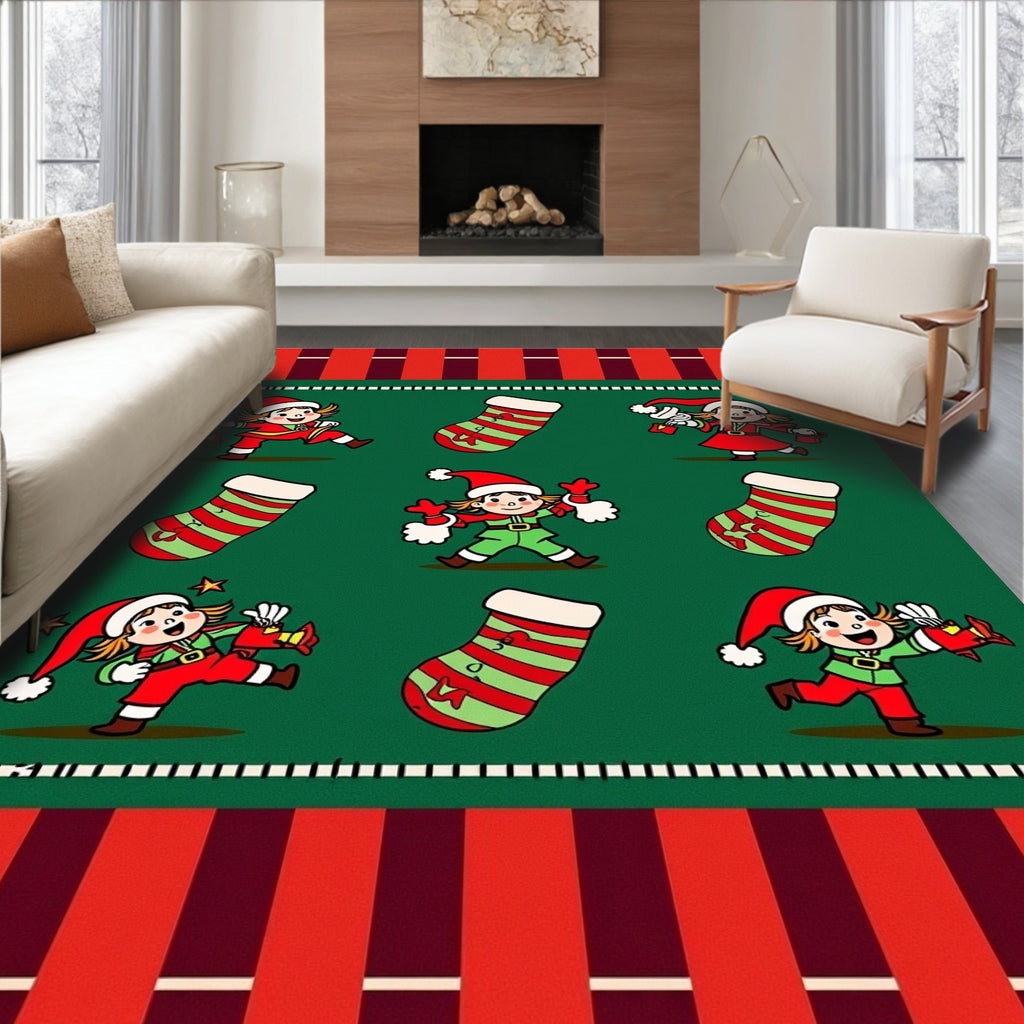 Christmas Elves Striped Stockings Medley Rug