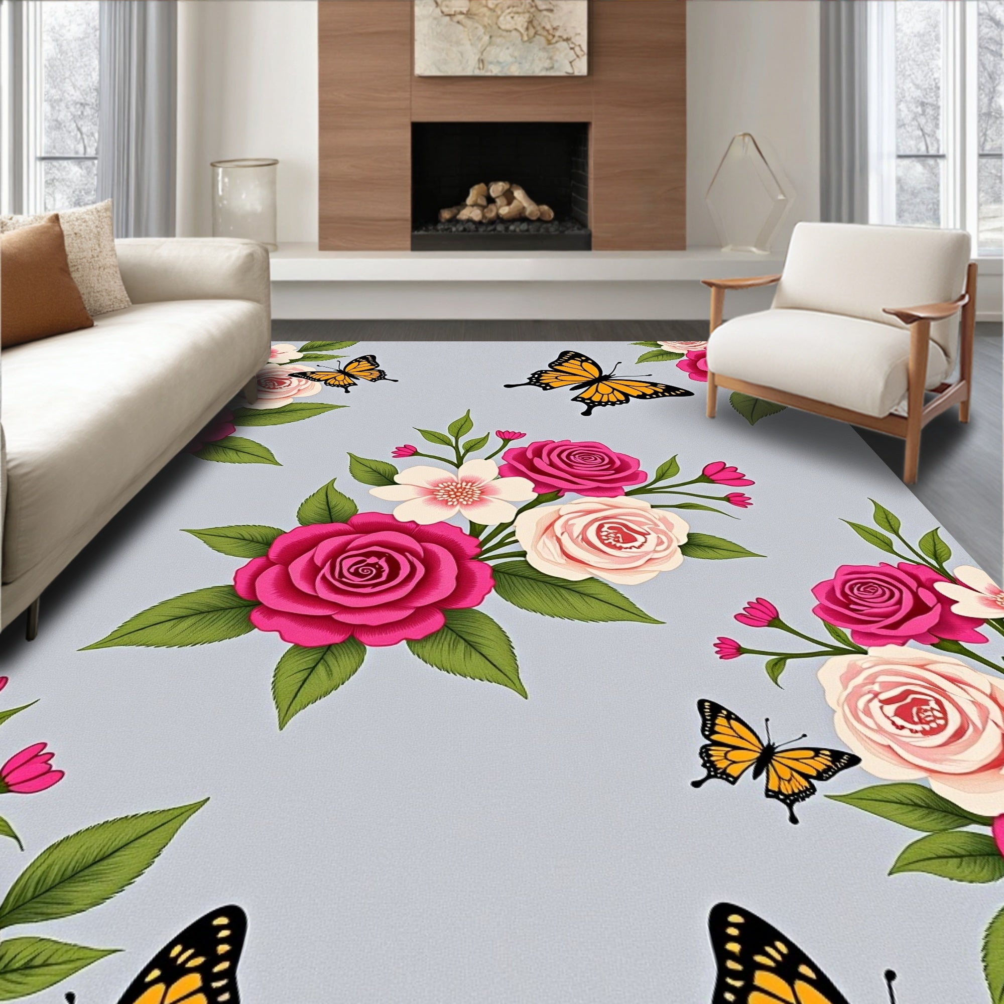 Pink Rose Butterfly Garden Whimsy Rug