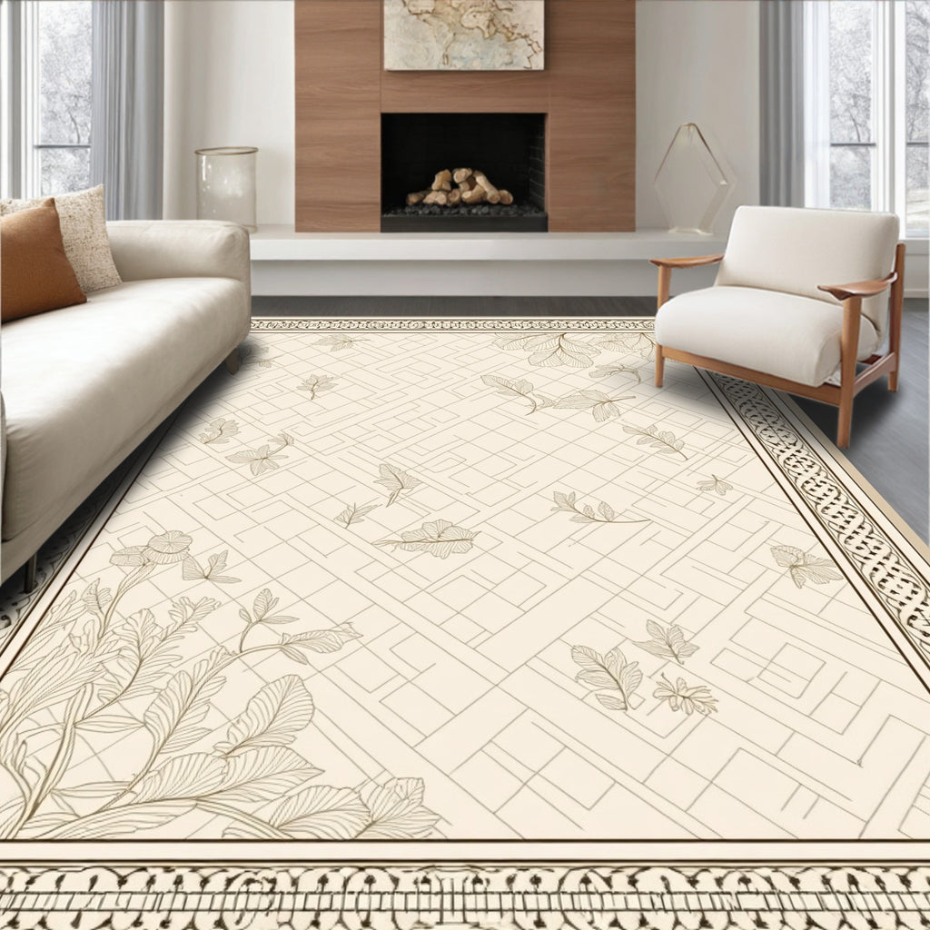 Cream and Brown Botanical Geometric Rug