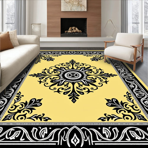 Black Floral Medallion Yellow Border Rug