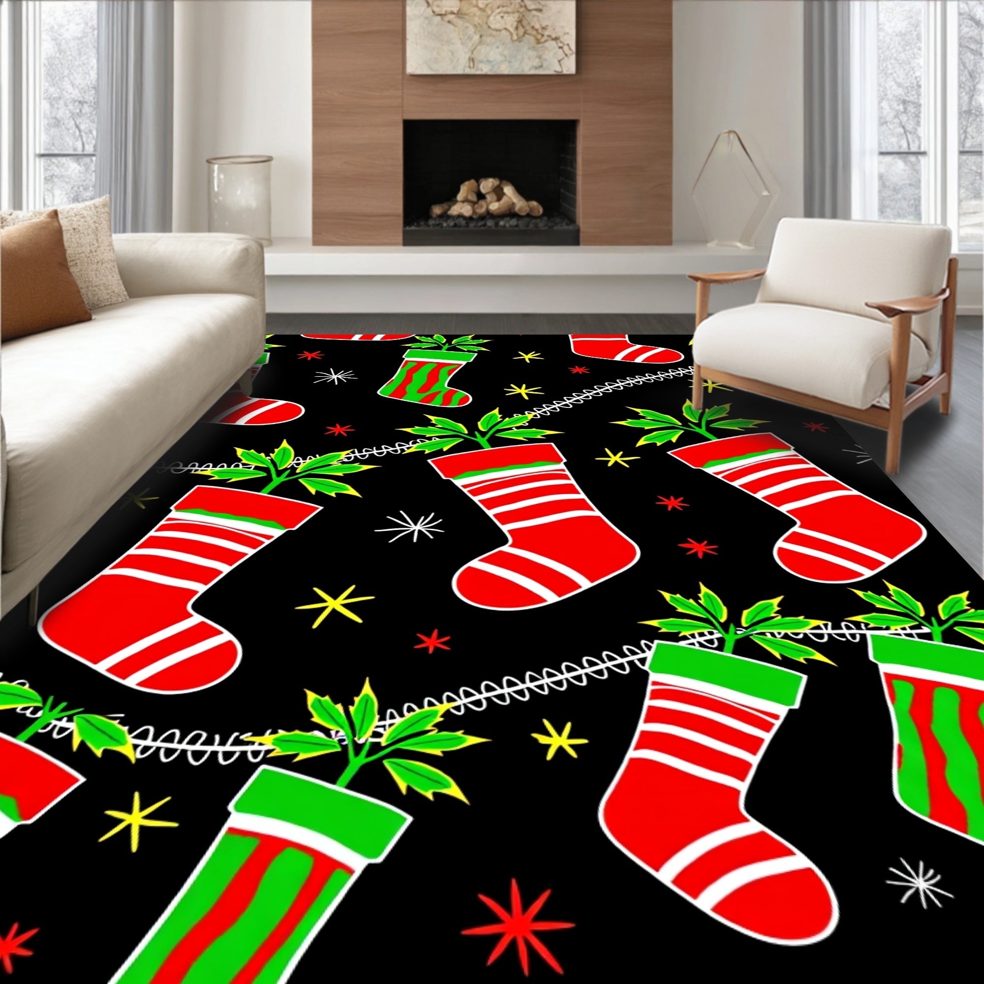 Red Green Striped Christmas Stockings with Holly Rug