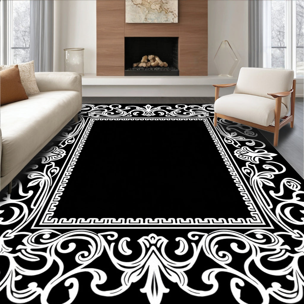 White Floral Scrollwork Border Rug