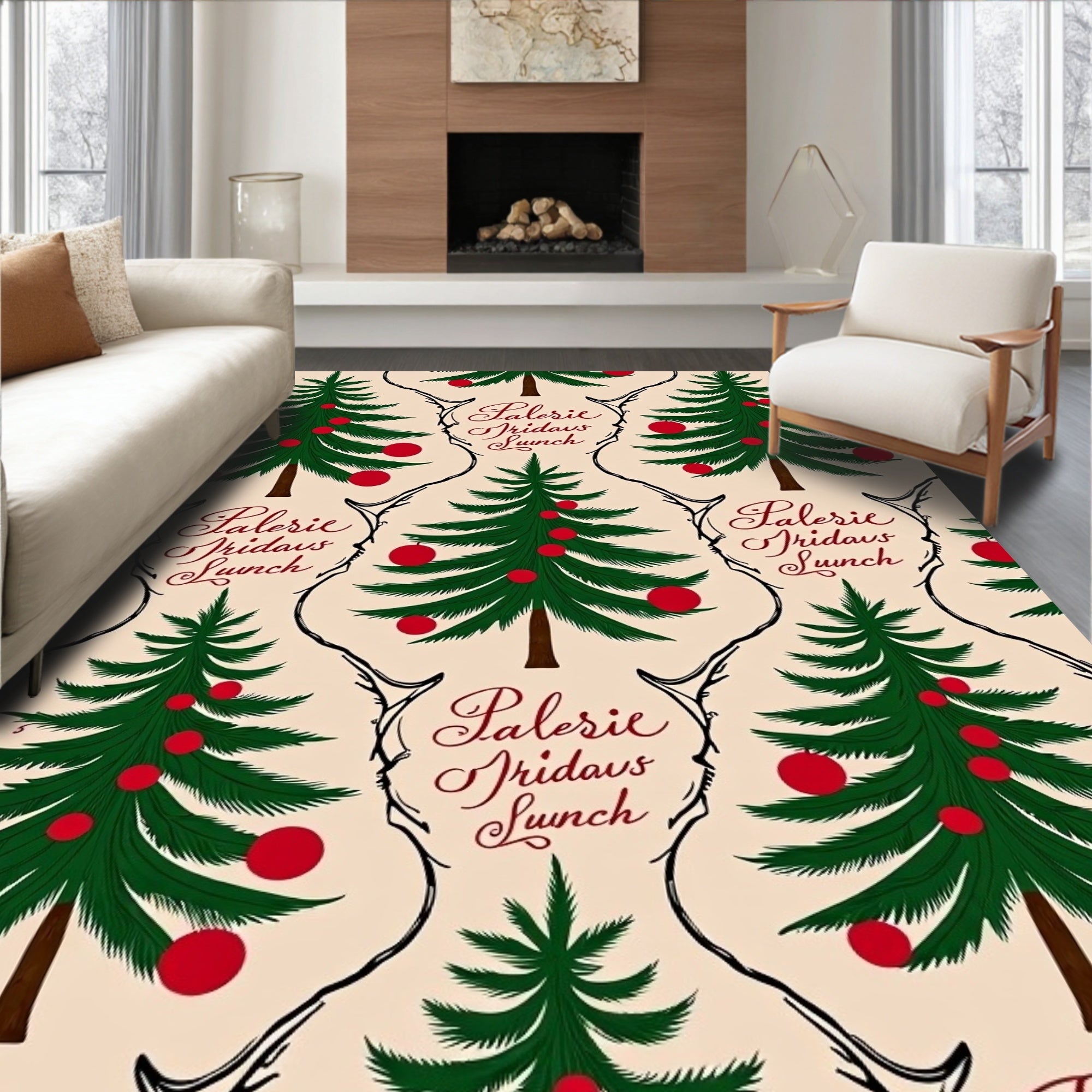 Festive Christmas Tree Red Ornament Rug