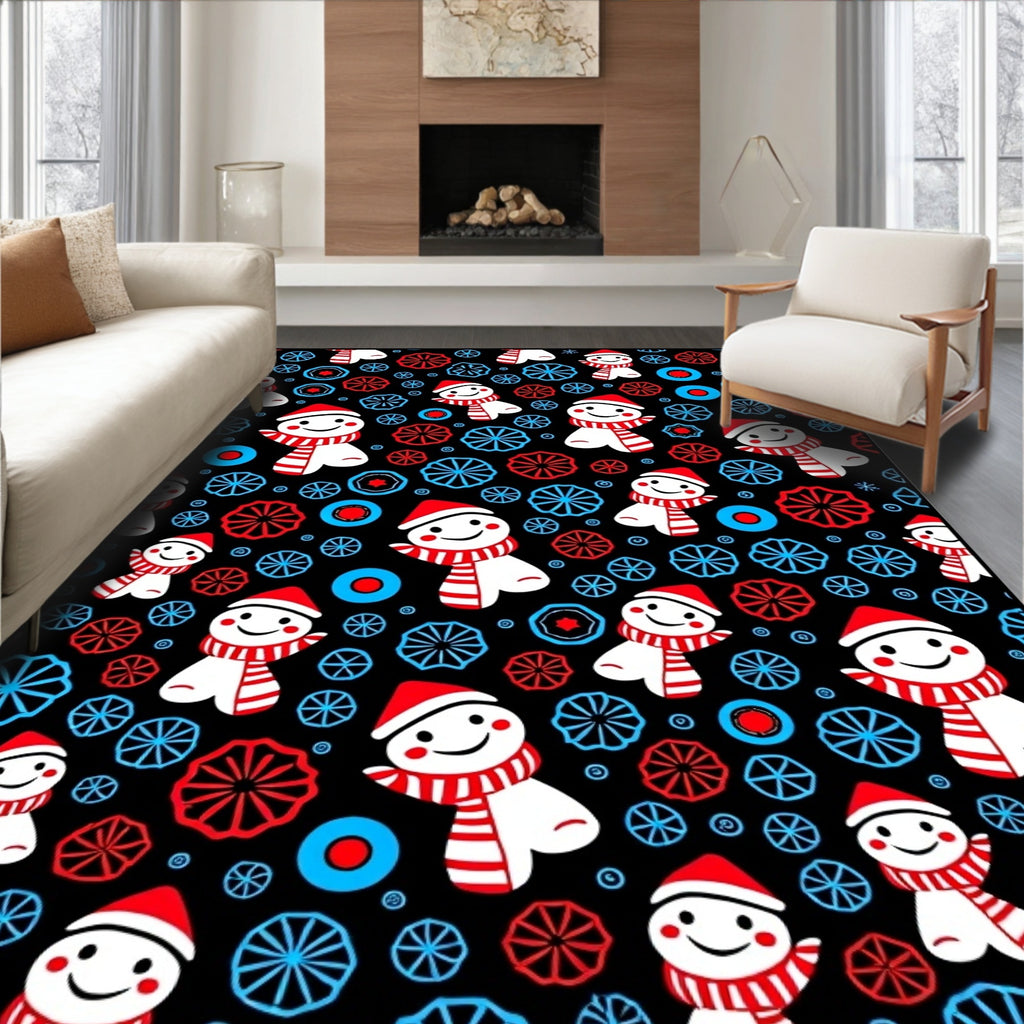 Whimsical Snowman Red Blue Circles Rug