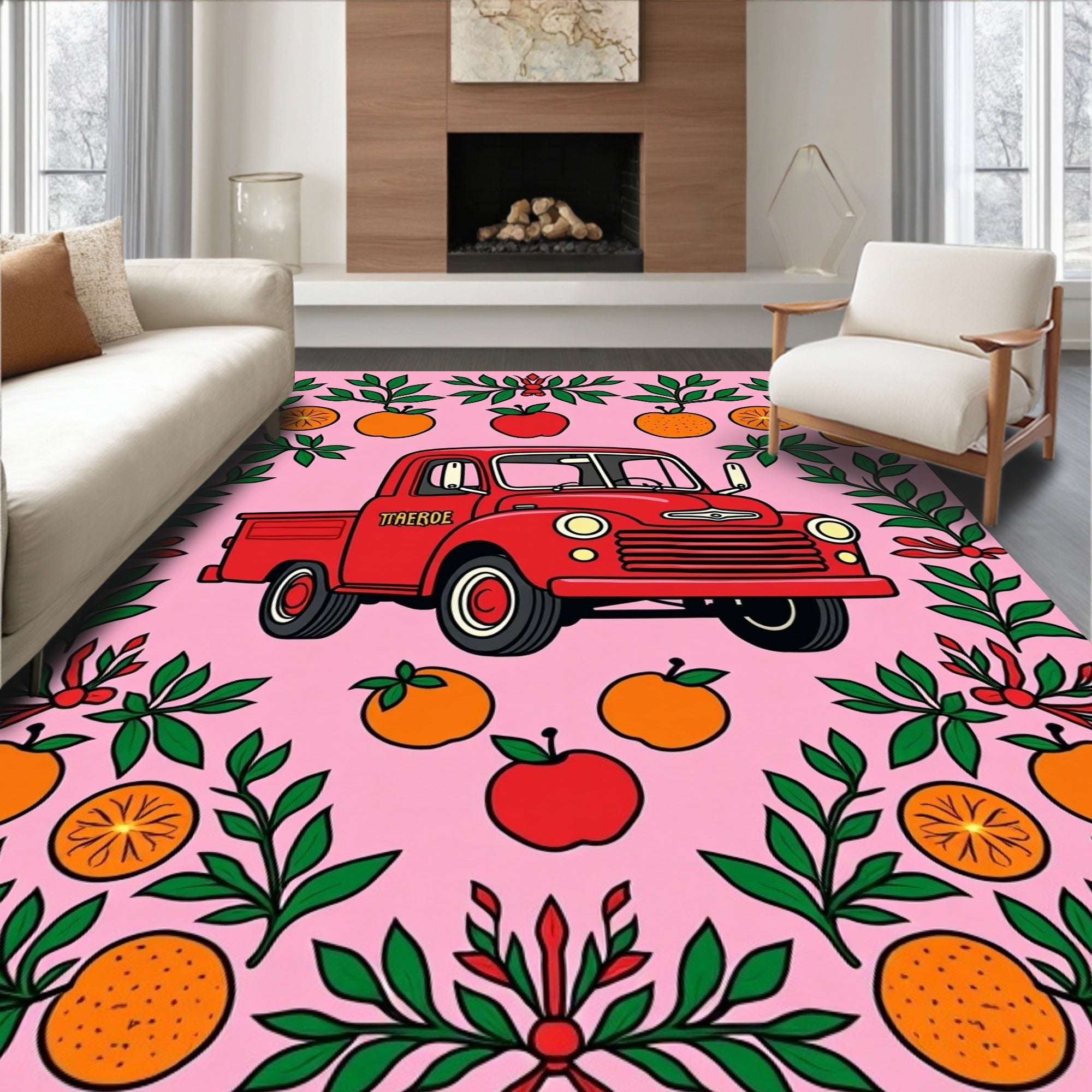 Whimsical Red Truck Fruit Garland Rug