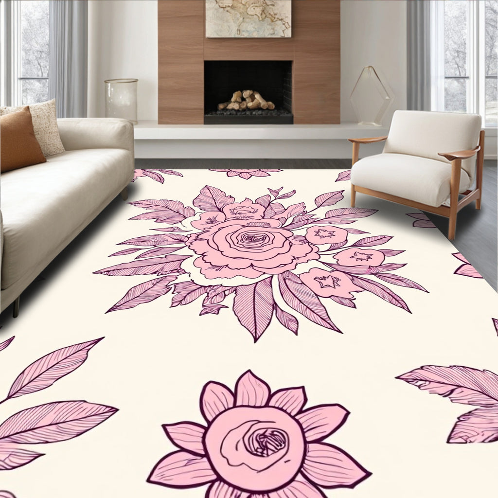 Pink Rose Bouquet Line Art Rug
