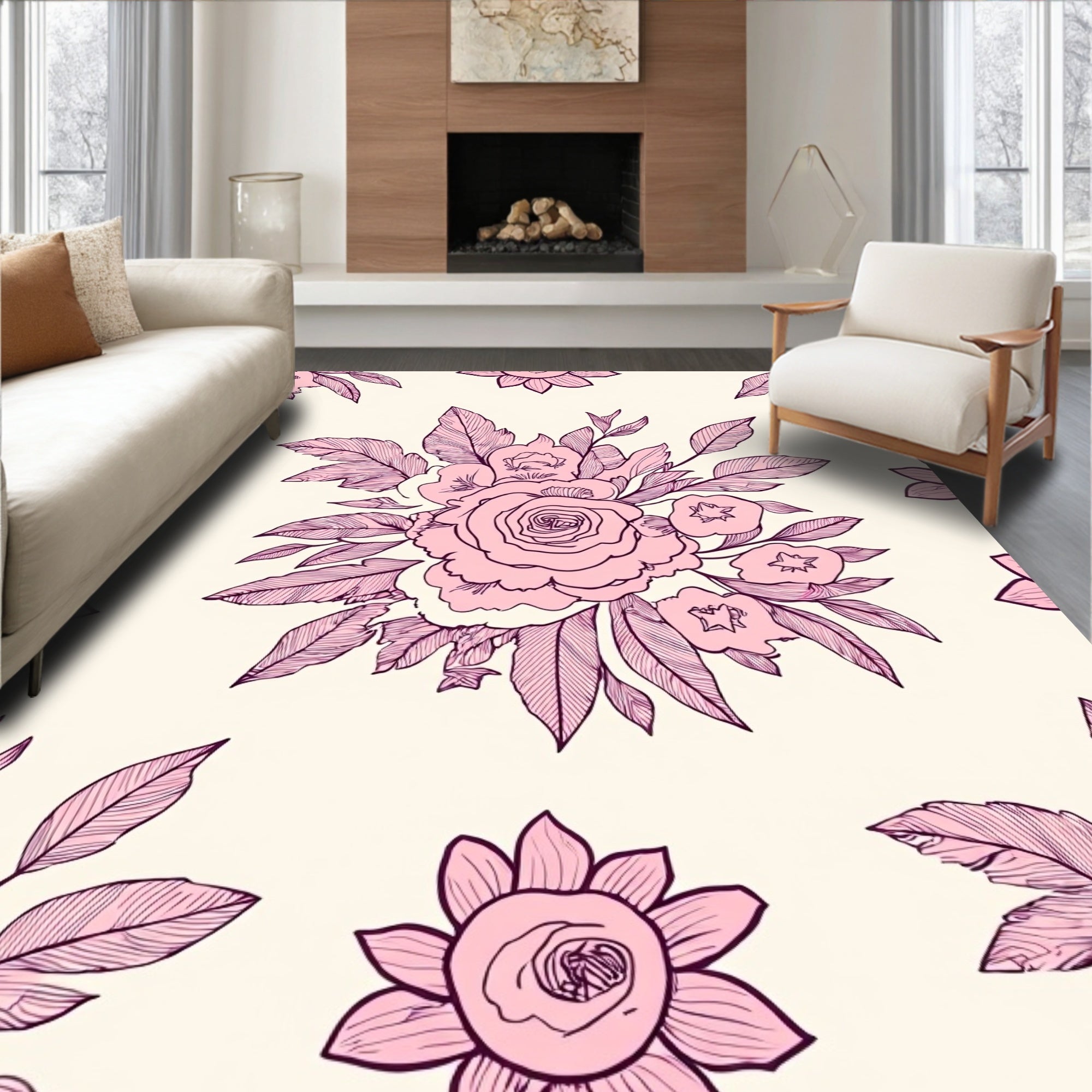 Pink Rose Bouquet Line Art Rug