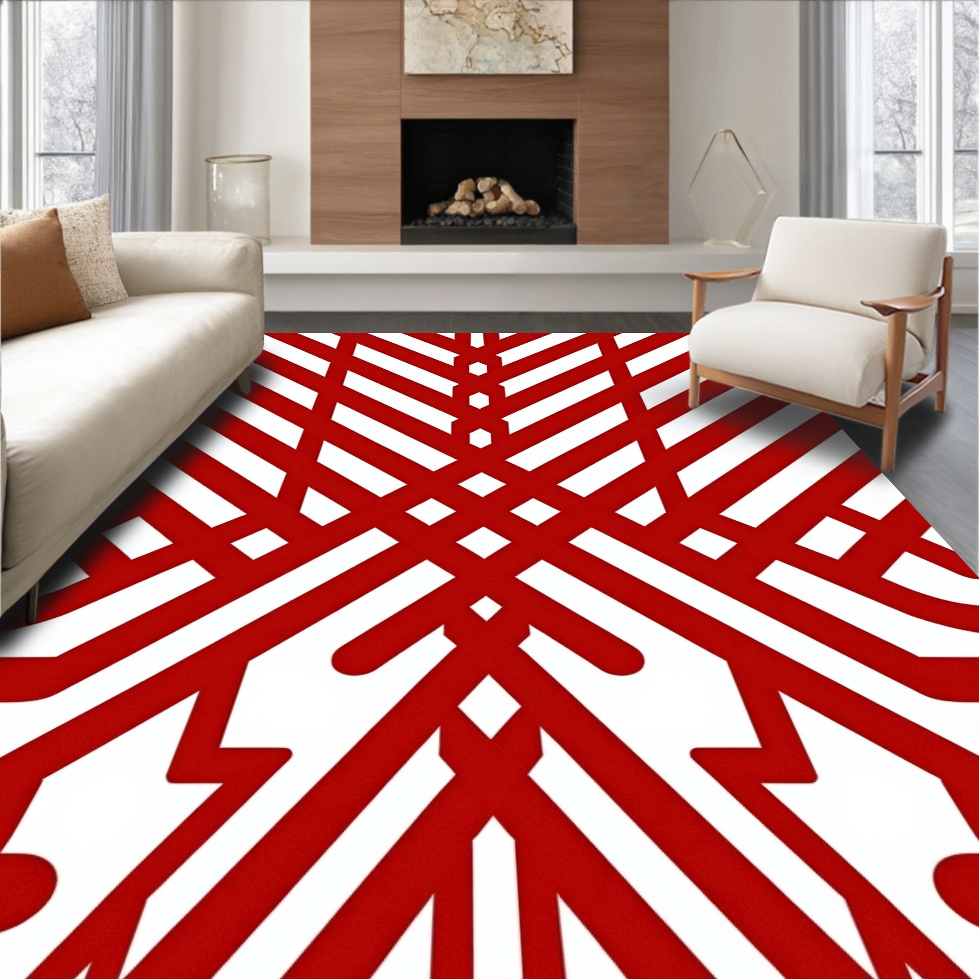 Bold Red Geometric Intersecting Stripe Rug