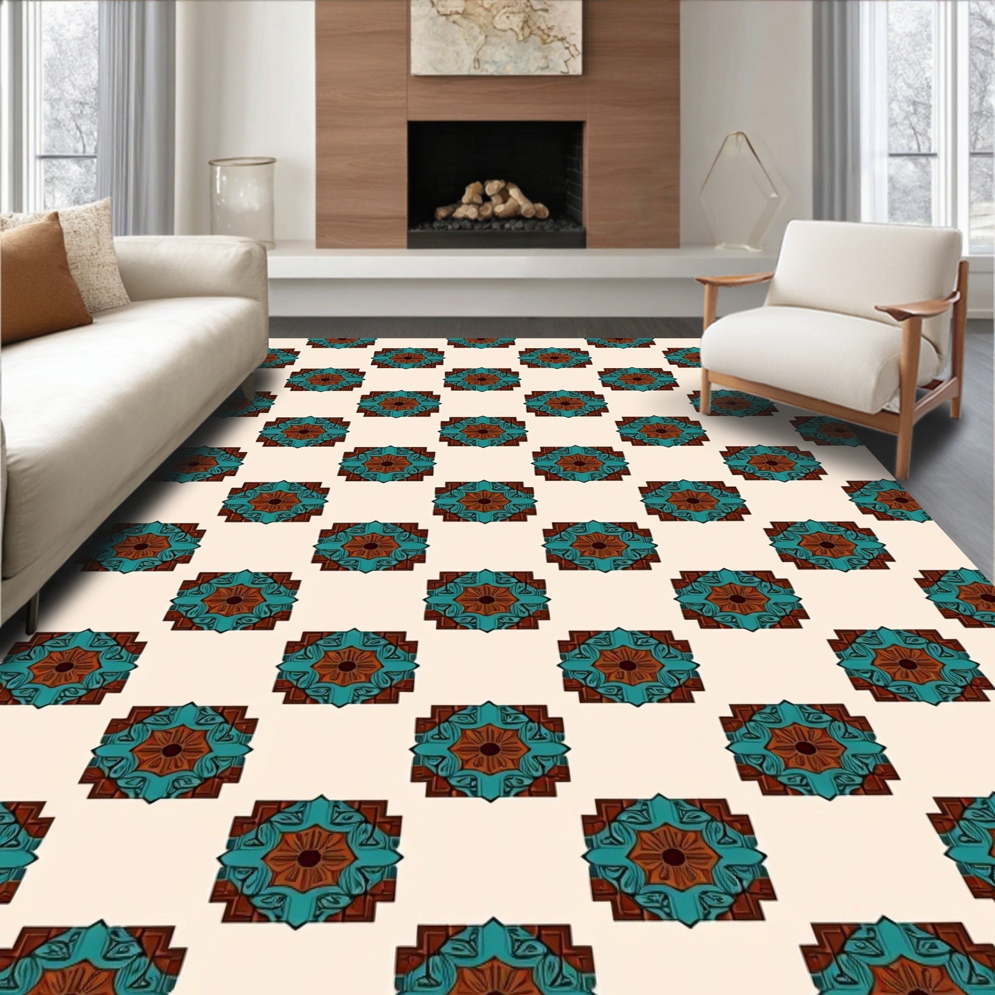 Rustic Teal and Brown Medallion Rug