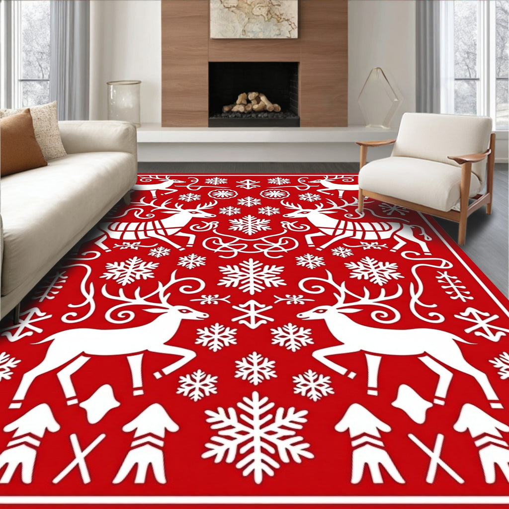 Red White Reindeer Snowflakes Folk Art Rug