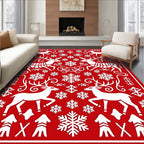 Red White Reindeer Snowflakes Folk Art Rug