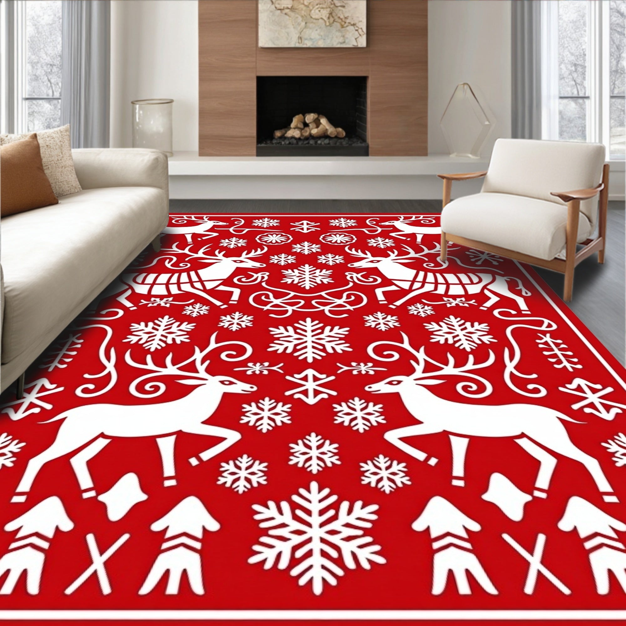 Red White Reindeer Snowflakes Folk Art Rug