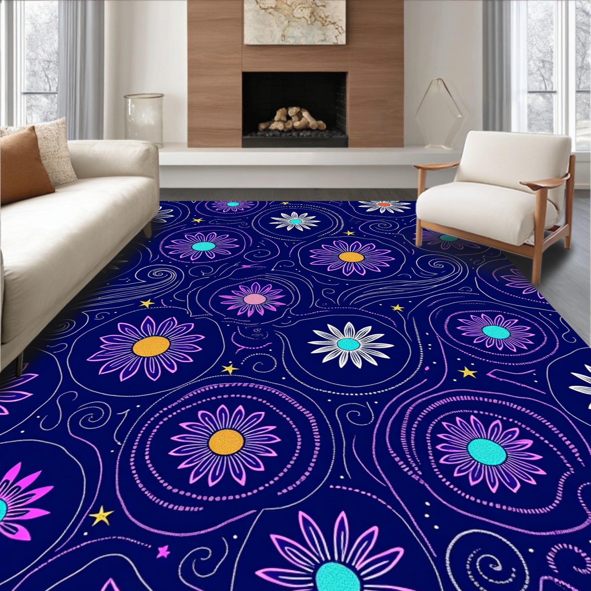 Whimsical Violet Swirl Floral Collage Rug