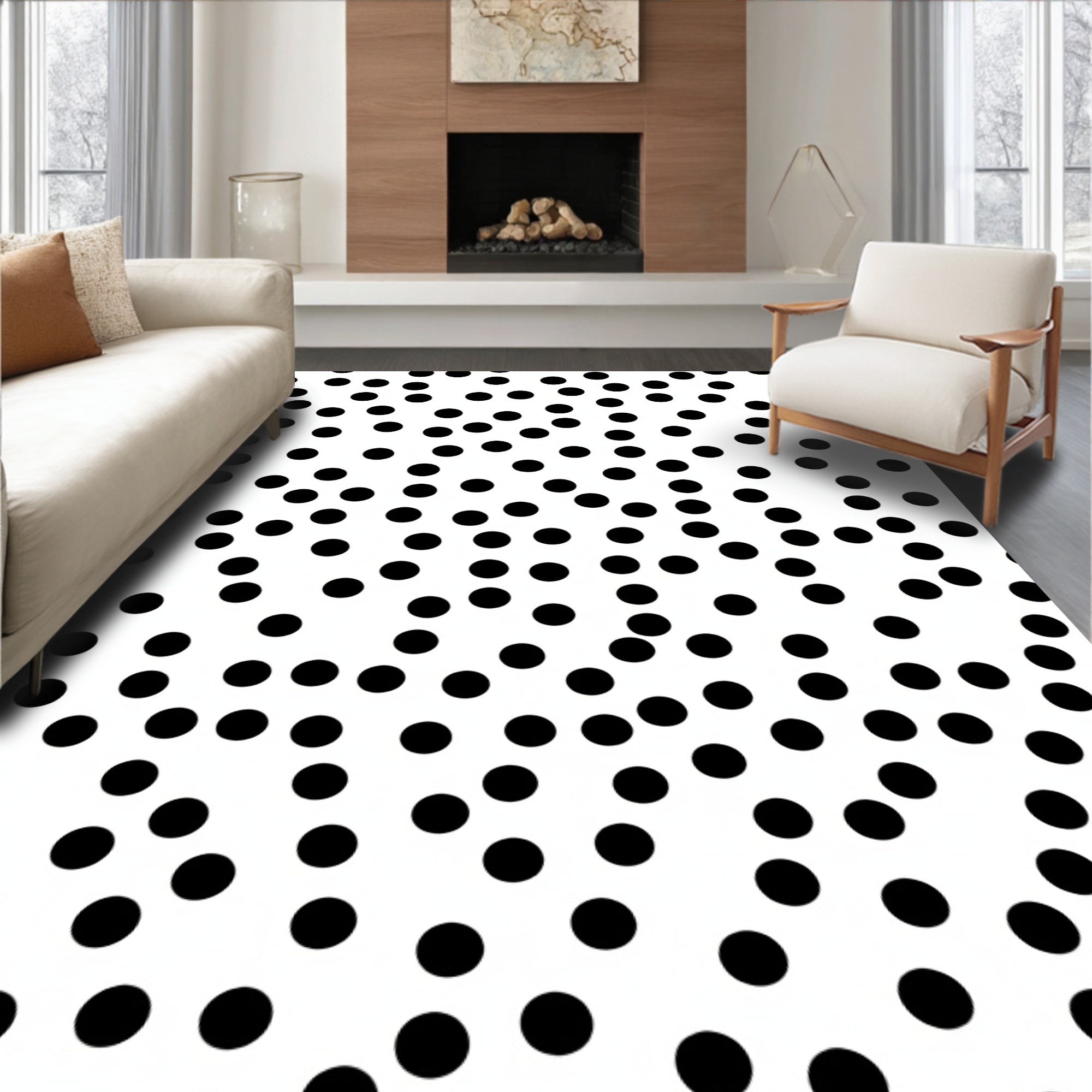 Scattered Black Polka Dots on White Rug