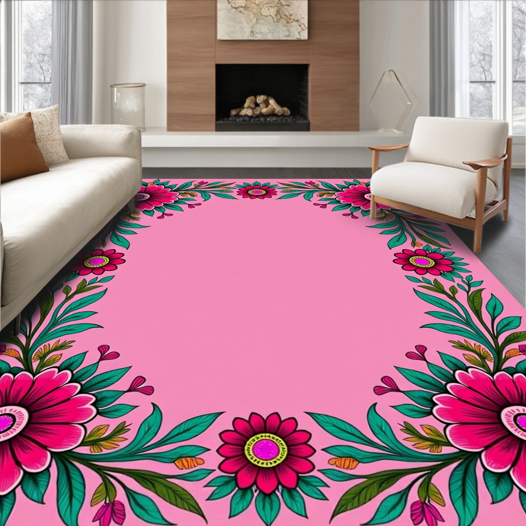 Bright Fuchsia Floral Vine Border Rug