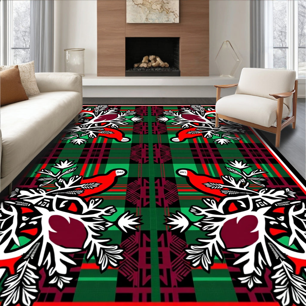Bold Red Bird Green Plaid Fauna Rug