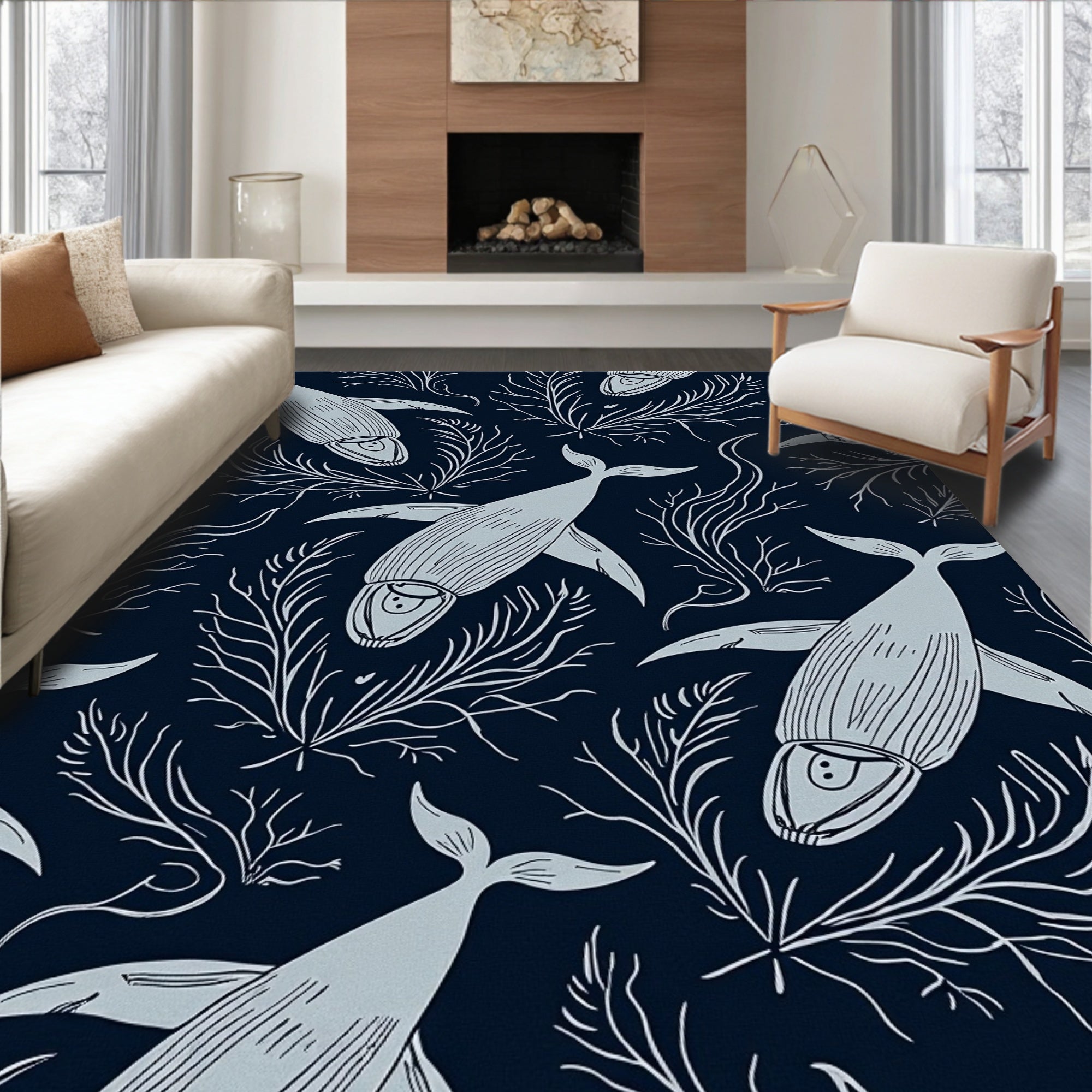 Naval Blue Whale Coral Garden Rug