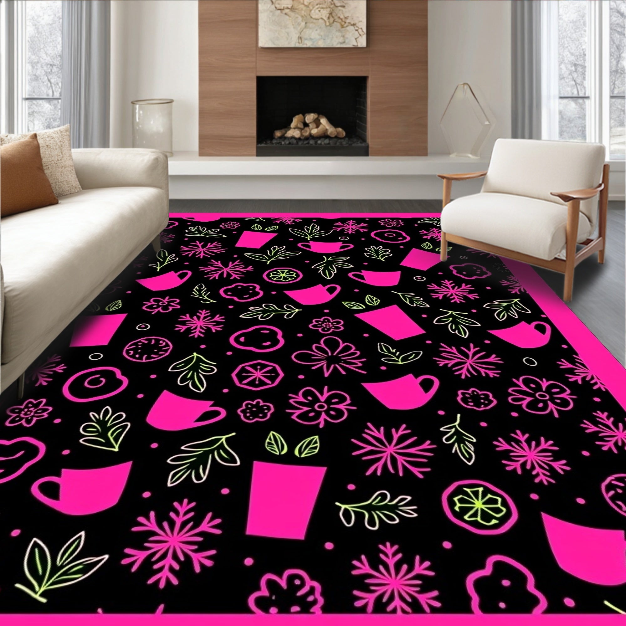 Hot Pink Lime Green Floral Teacup Snowflakes Rug