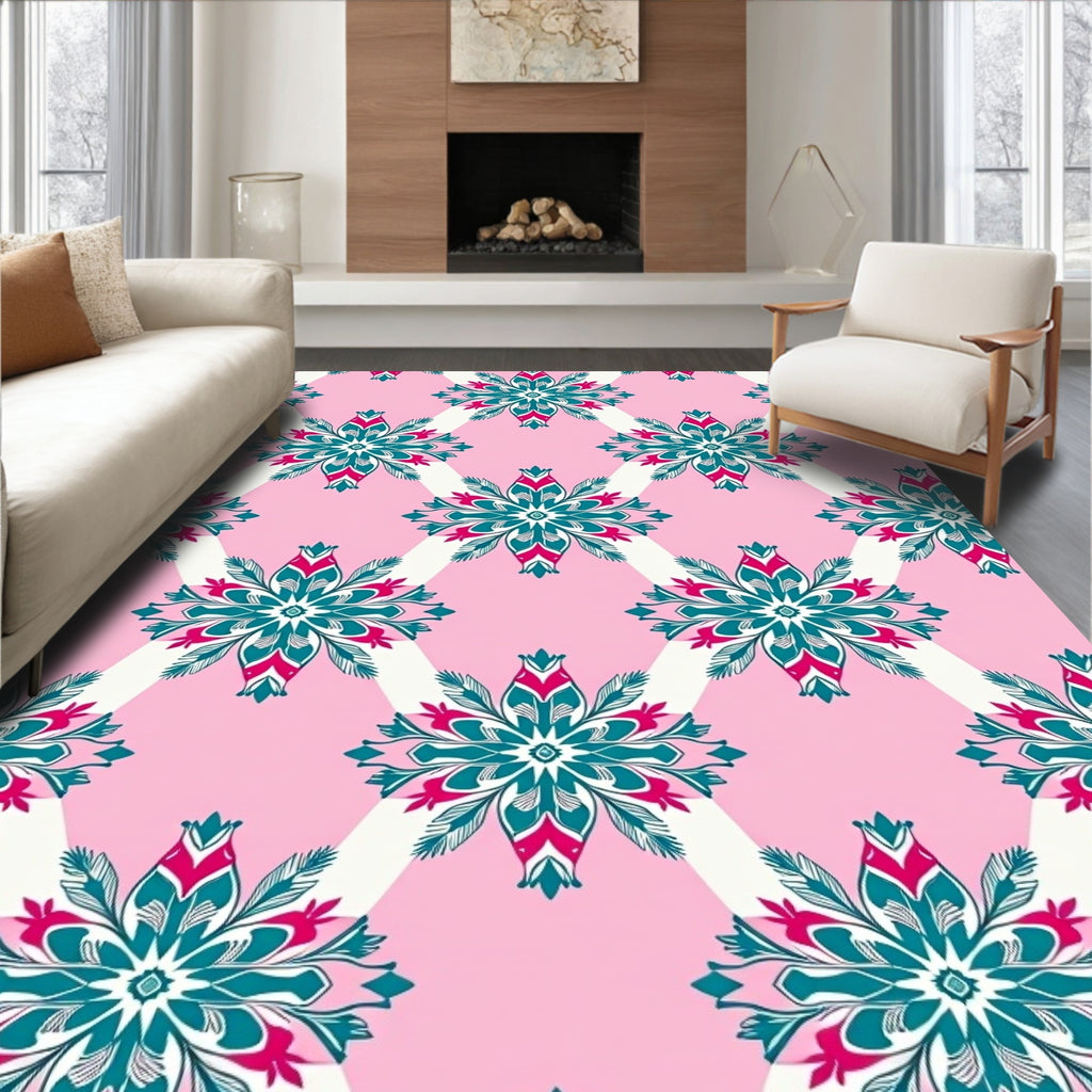 Pink Teal White Floral Diamond Rug