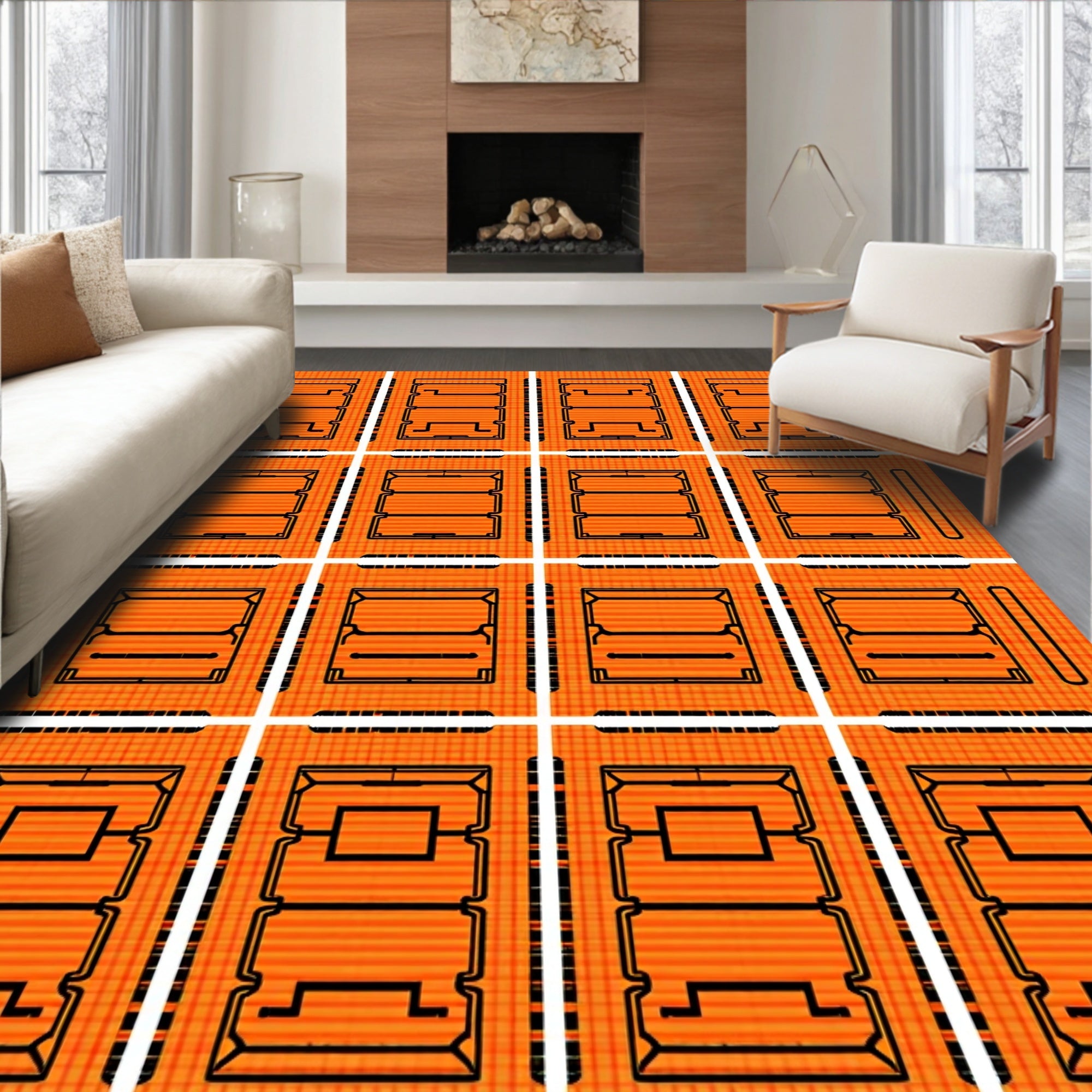 Vibrant Orange Grid Abstract Rectangles Rug