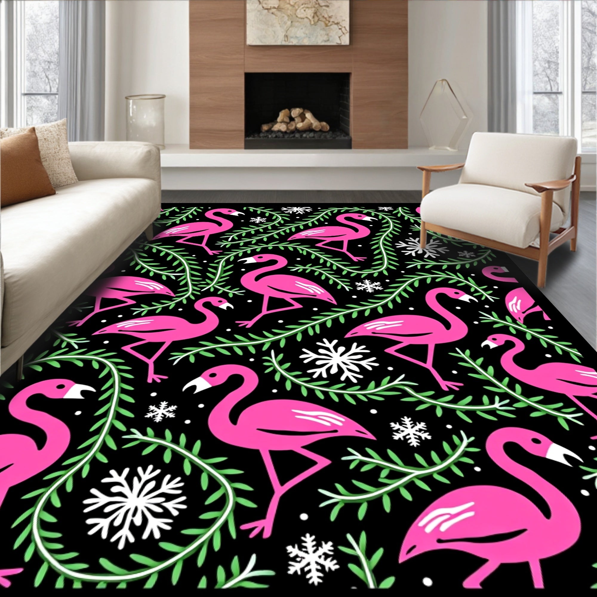 Pink Flamingos Green Foliage Snowflakes Rug