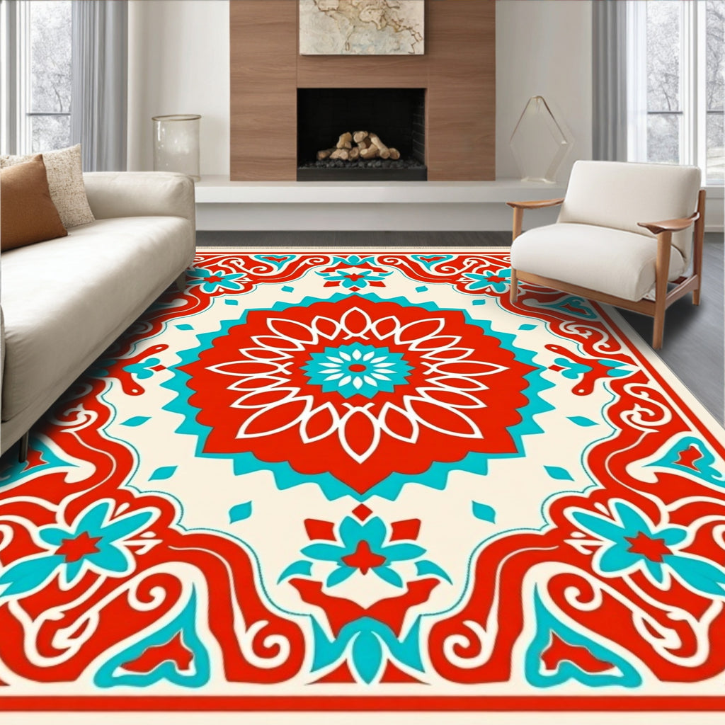 Red Teal Floral Medallion Border Rug