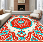 Red Teal Floral Medallion Border Rug