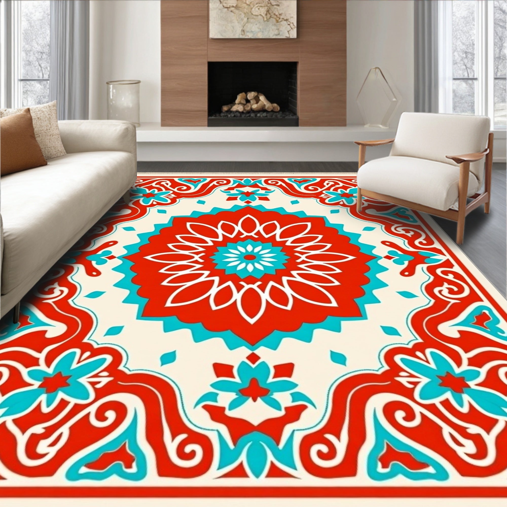 Red Teal Floral Medallion Border Rug