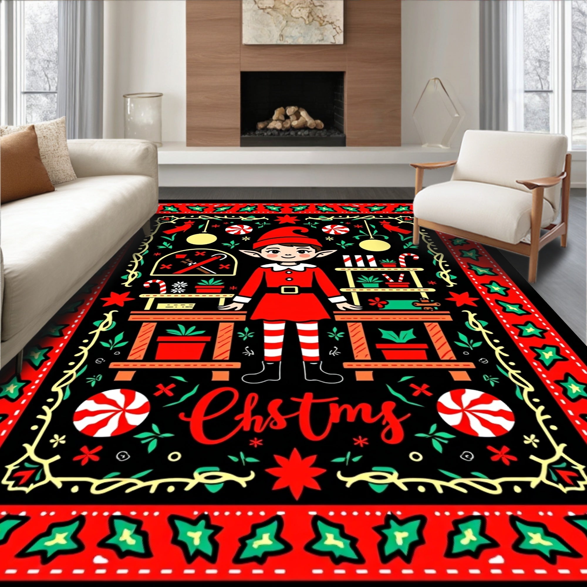 Whimsical Christmas Elf Workshop Holly Rug