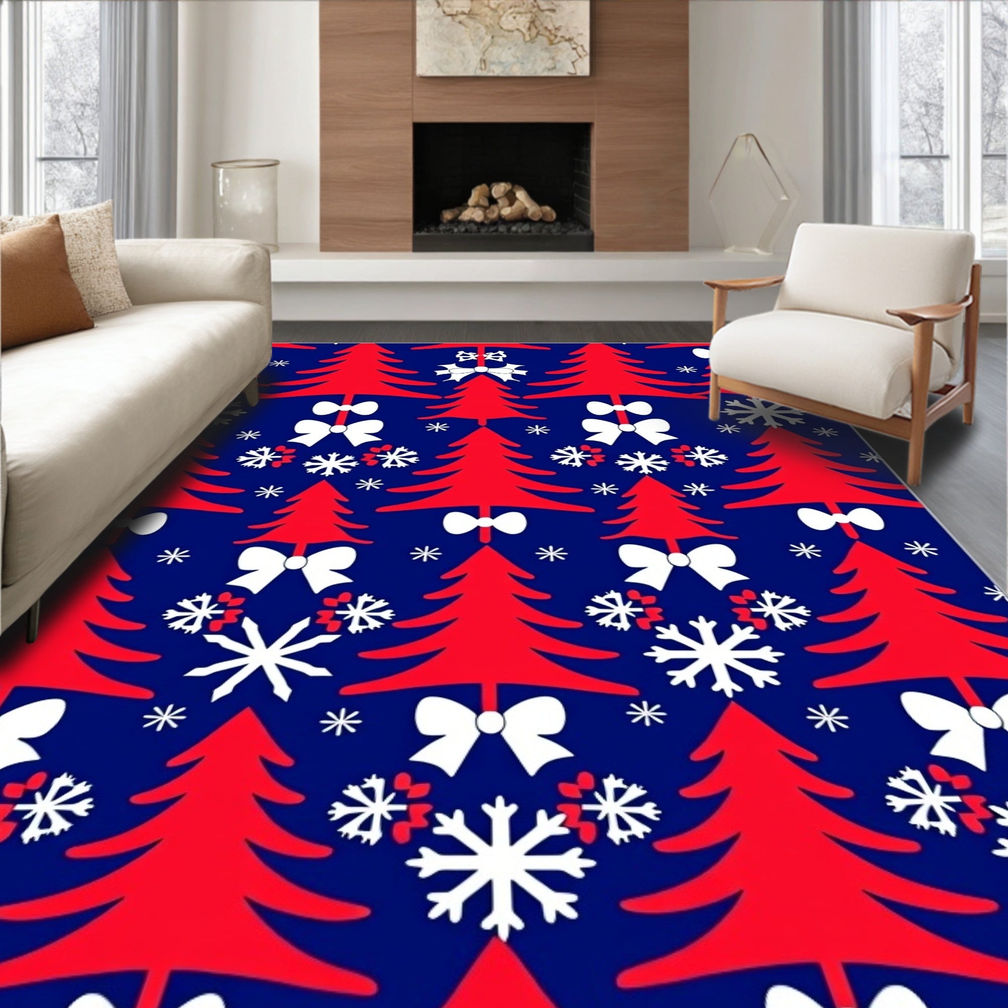Crimson Trees White Snowflakes Bow Toss Rug