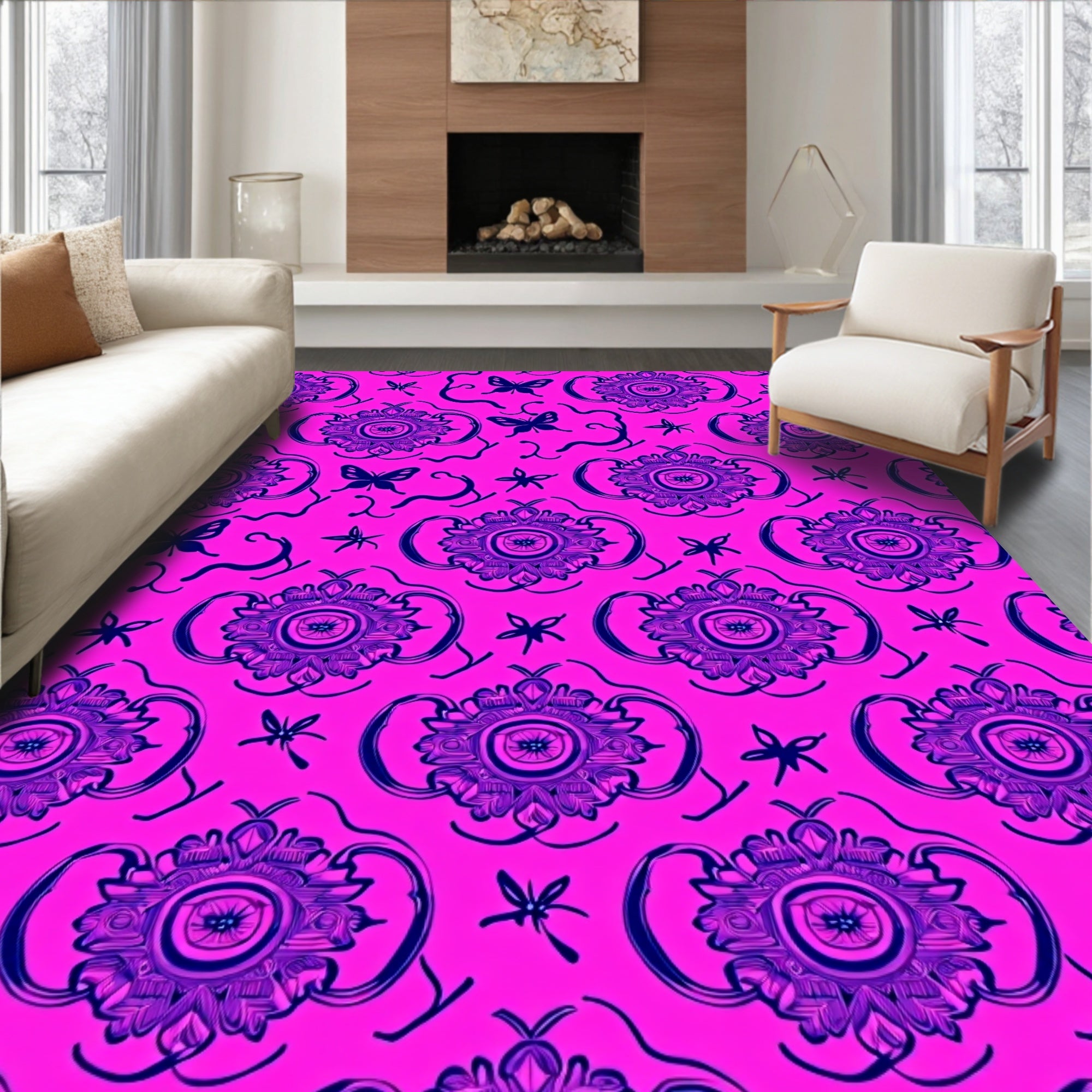 Vibrant Magenta Butterfly Medallion Rug