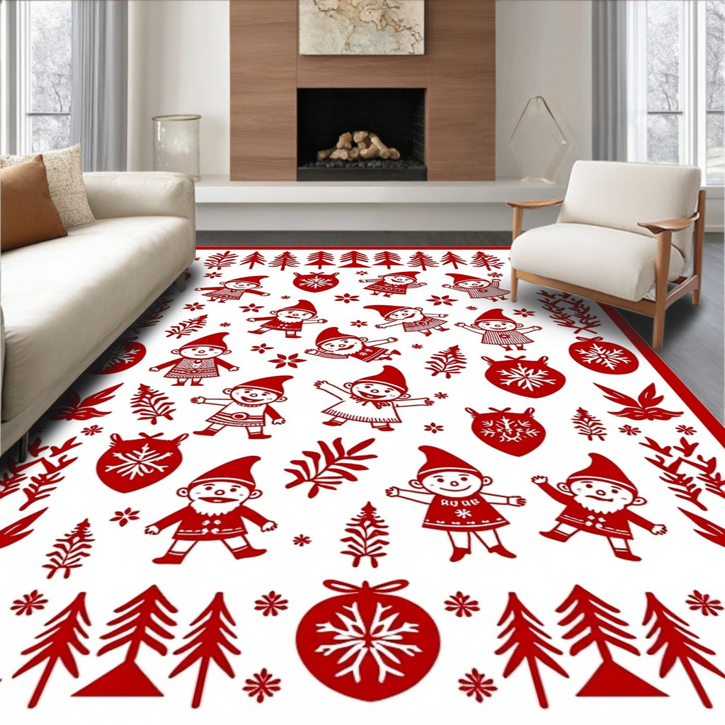 Red Gnome Snowflake Christmas Trees Rug