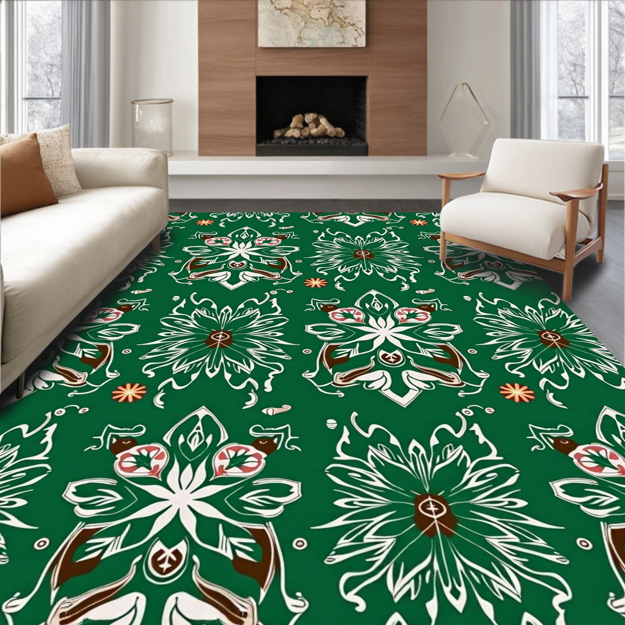 Emerald Green Floral Symmetry Rococo Rug