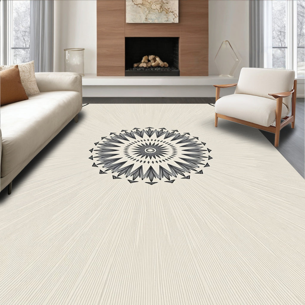 Cream Gray Radial Petal Medallion Rug