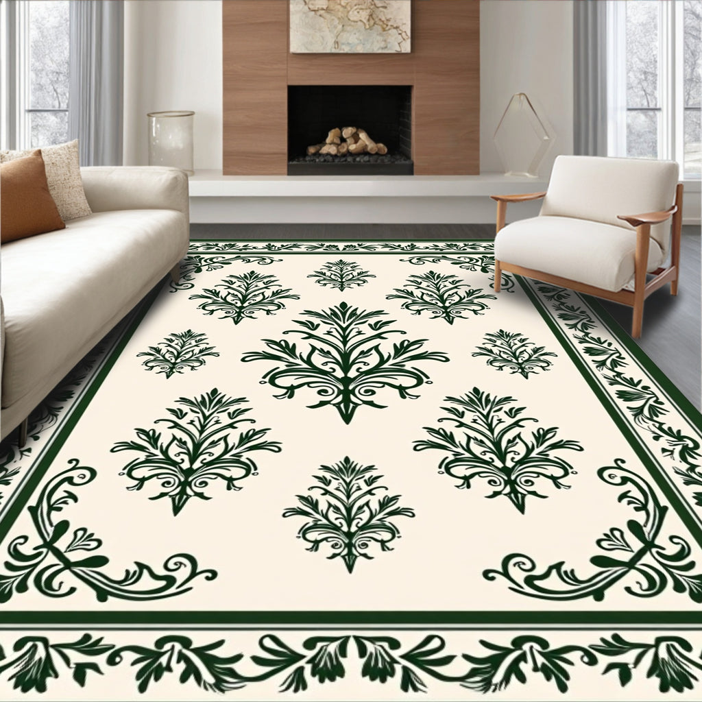 Dark Green Scrolling Floral Damask Field Rug